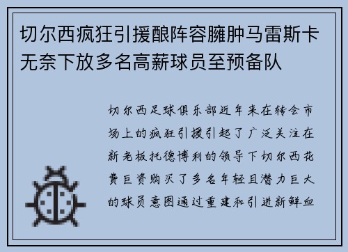 切尔西疯狂引援酿阵容臃肿马雷斯卡无奈下放多名高薪球员至预备队